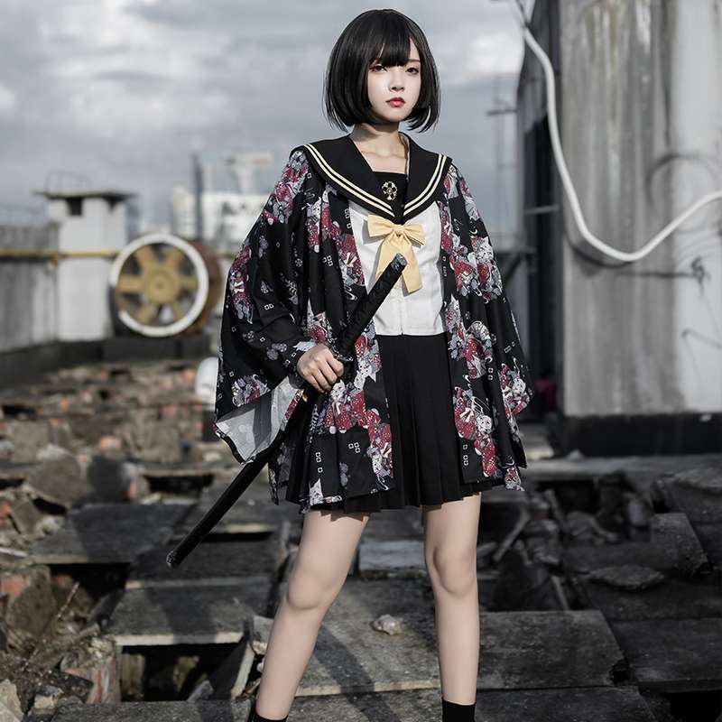 セーラー服 和風 コスプレ 花柄着物風羽織セット