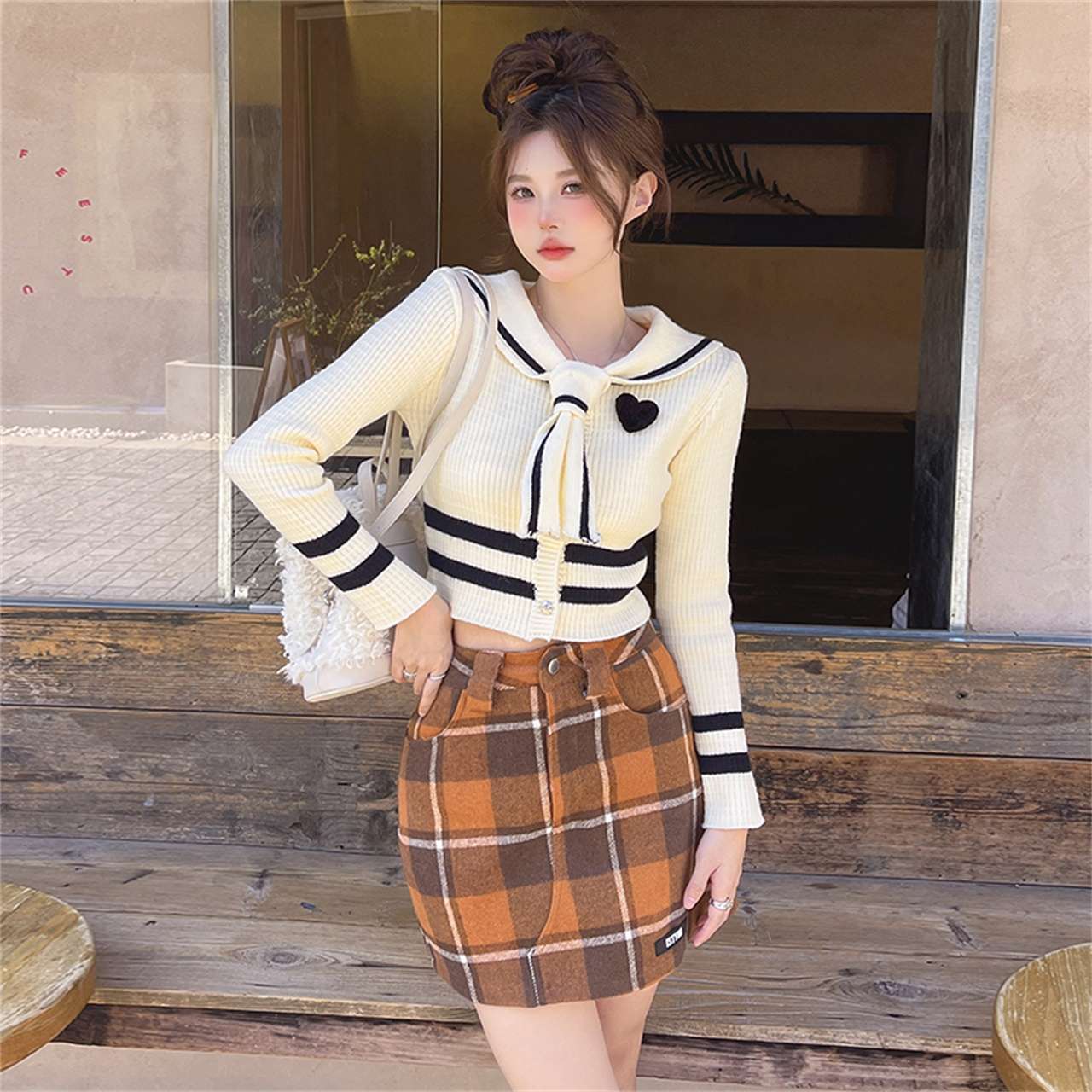 セーラー服 レトロ可愛いセーラー風ニットカーディガン