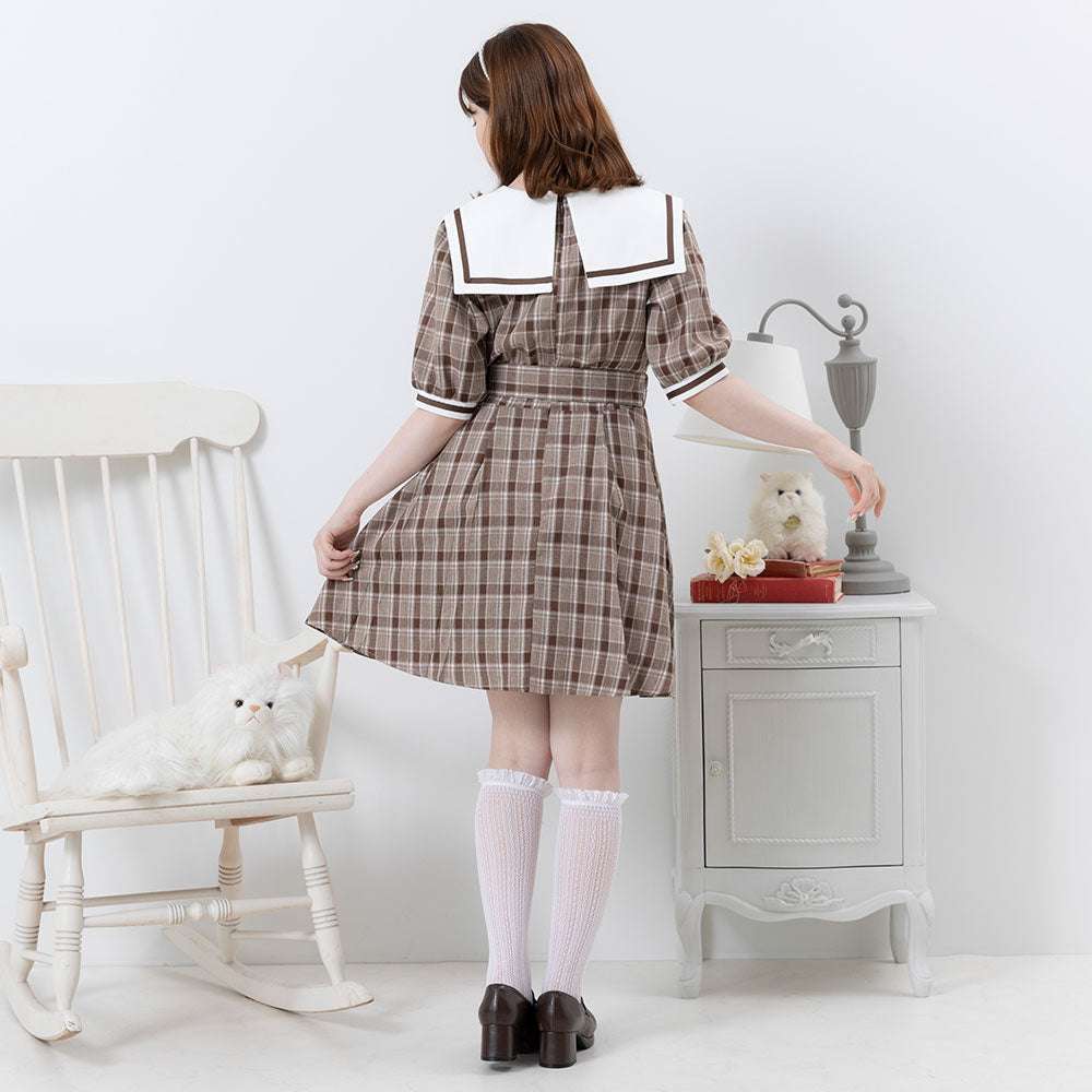 セーラー服 レトロ可愛いチェック柄セーラーカラーワンピース