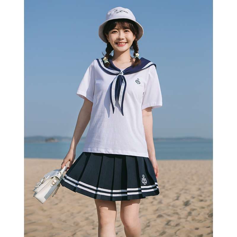 セーラー服 爽やかマリン風セーラーカラーTシャツセット
