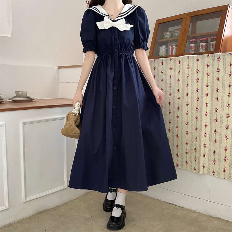 セーラー服 清楚可愛いセーラーカラーロングワンピース