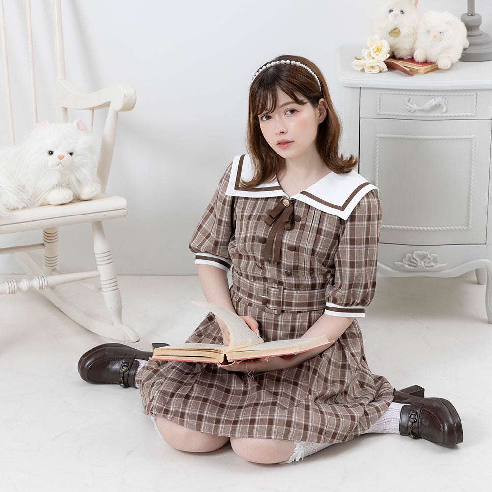 セーラー服 レトロ可愛いチェック柄セーラーカラーワンピース