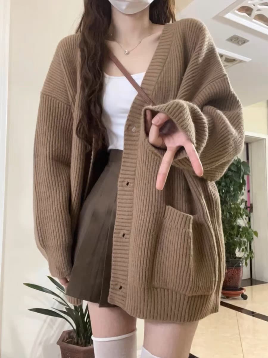 セーラー服 ふんわりリブ編みポケット付きニットカーディガン
