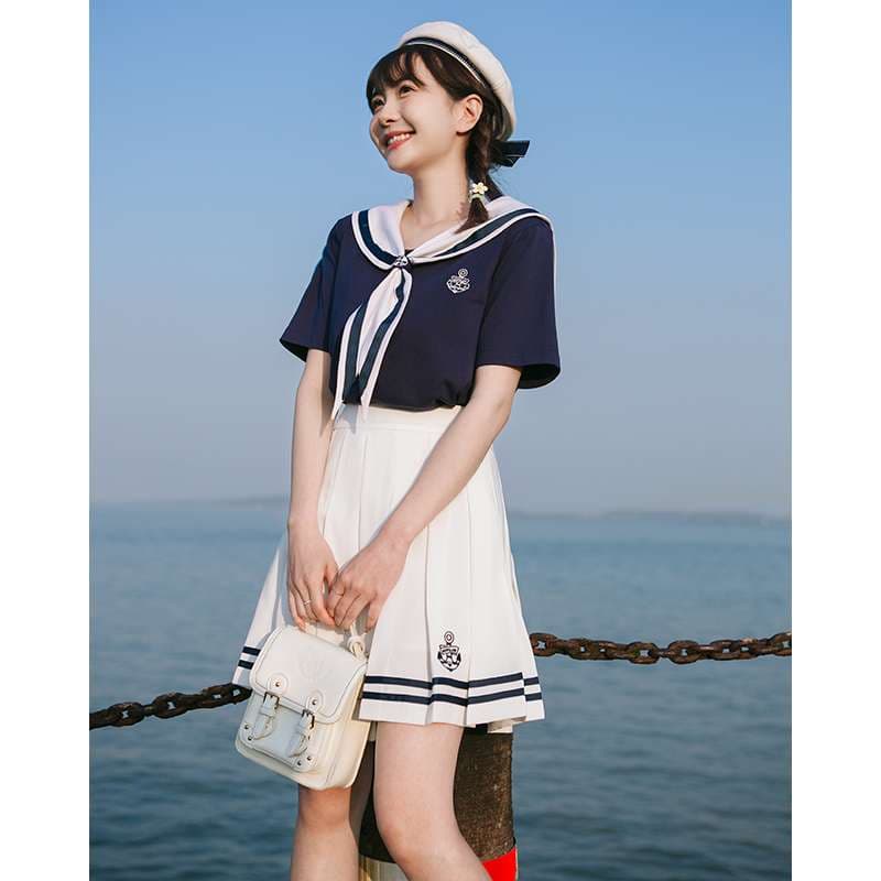 セーラー服 爽やかマリン風セーラーカラーTシャツセット