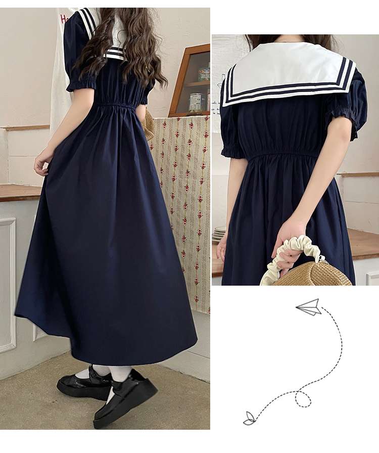 セーラー服 清楚可愛いセーラーカラーロングワンピース