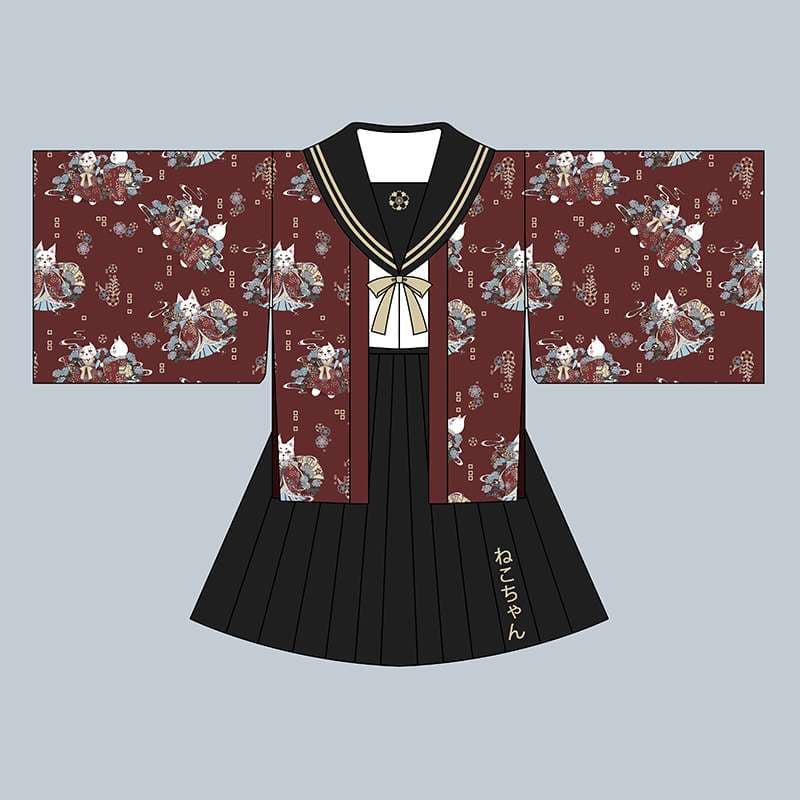 セーラー服 和風 コスプレ 花柄着物風羽織セット