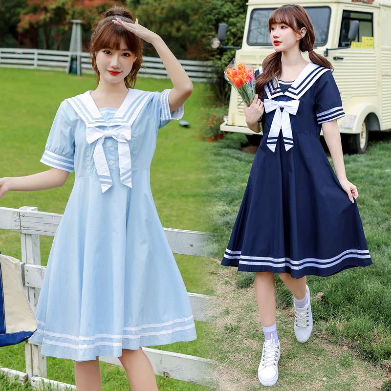 セーラー服 レトロ可愛い紺色セーラーカラーワンピース