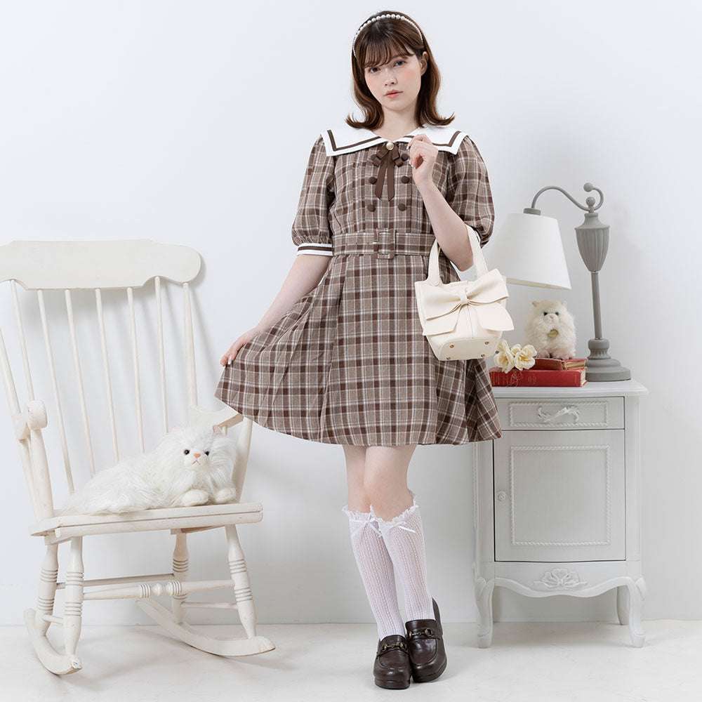 セーラー服 レトロ可愛いチェック柄セーラーカラーワンピース