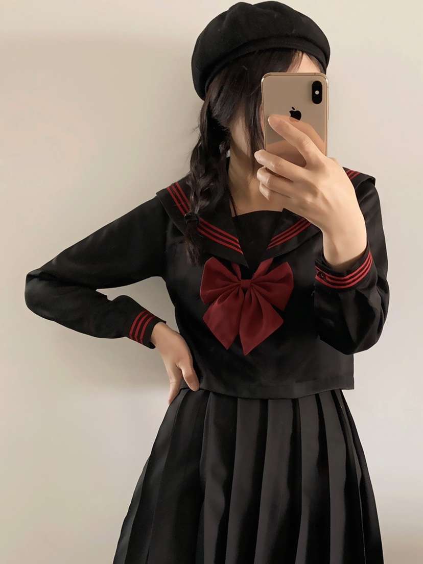 セーラー服 クラシック黒 赤リボン付き制服セット