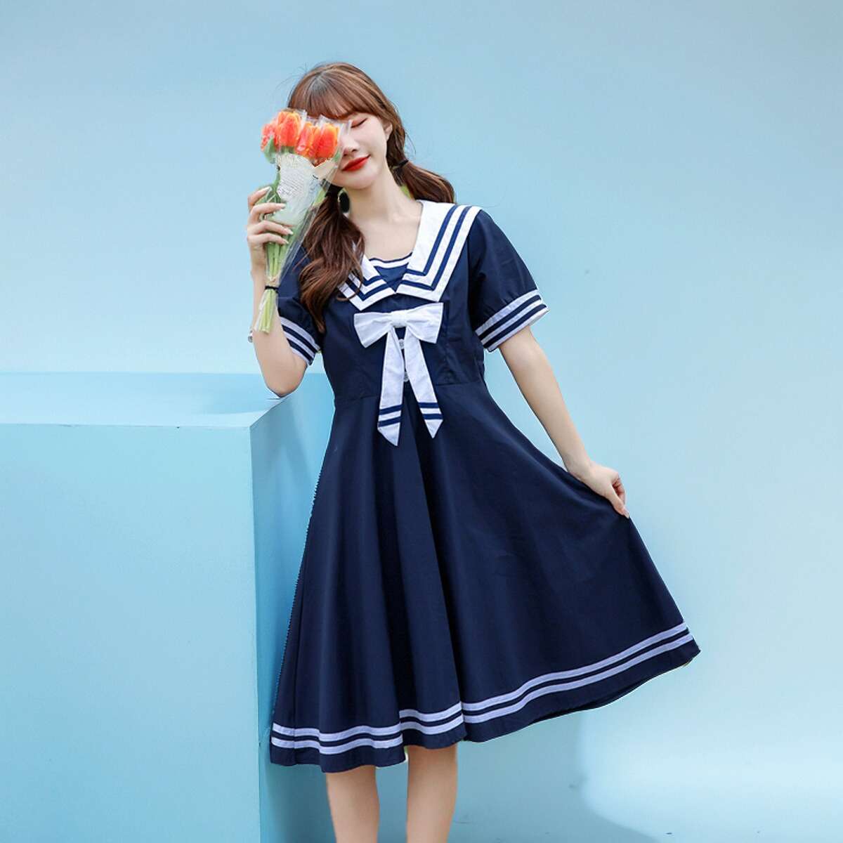 セーラー服 レトロ可愛い紺色セーラーカラーワンピース