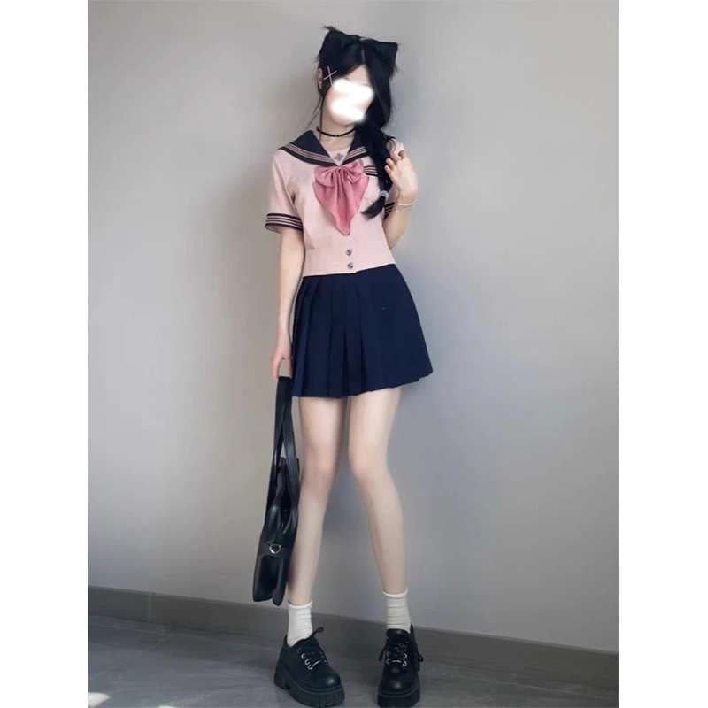 セーラー服 ピンク×紺 リボン付き セット