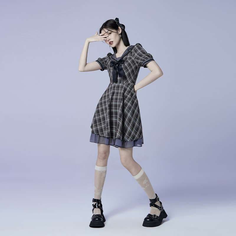 セーラー服 ゴシックロリータ風 チェック柄セーラーワンピース