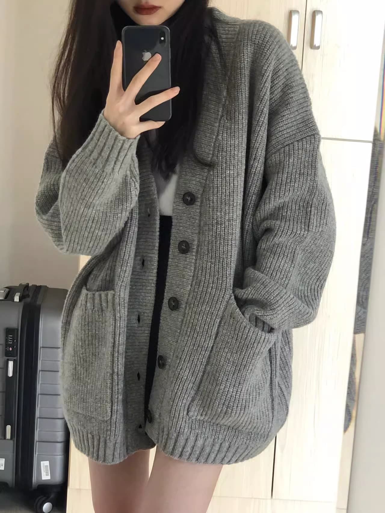 セーラー服 ふんわりリブ編みポケット付きニットカーディガン