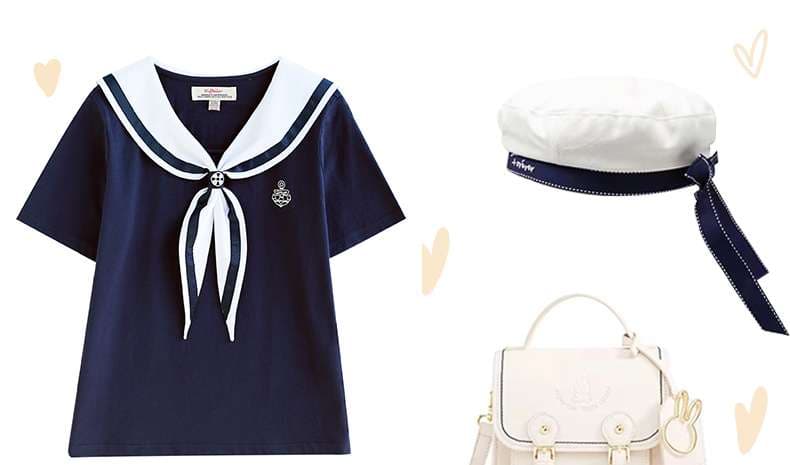 セーラー服 爽やかマリン風セーラーカラーTシャツセット