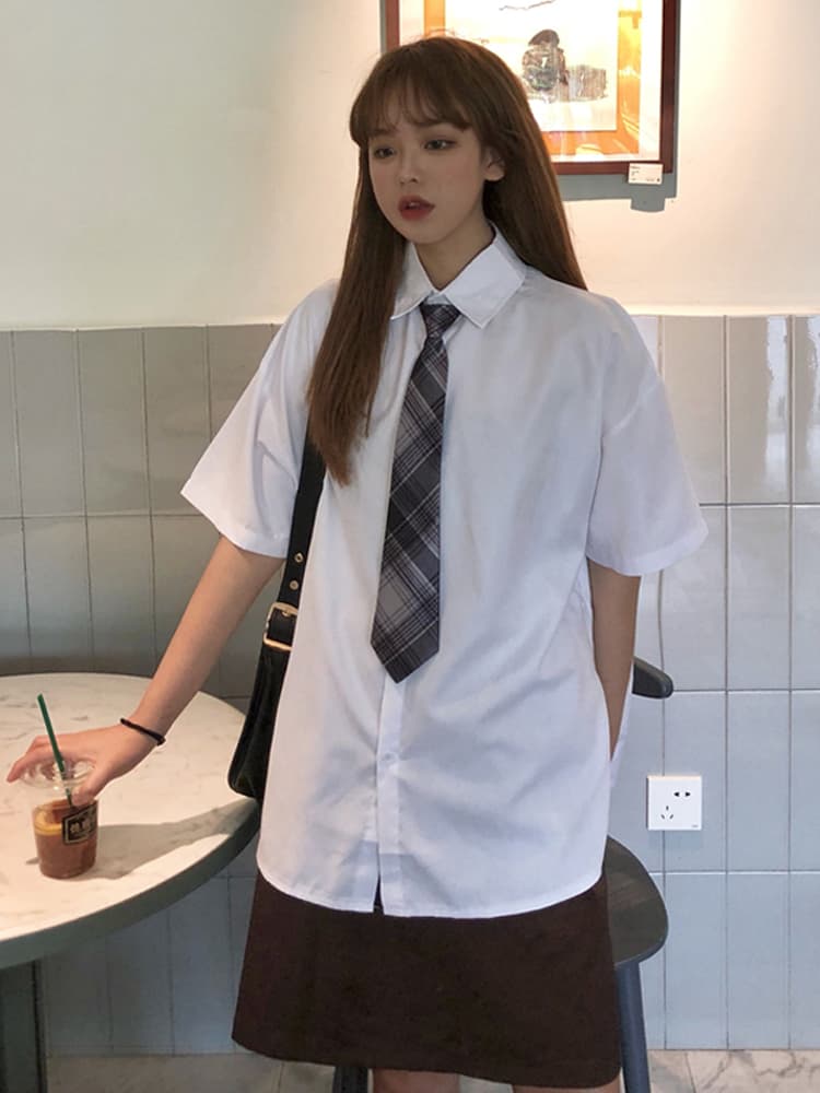 セーラー服 学園風チェック柄ネクタイ付き長袖制服ブラウス
