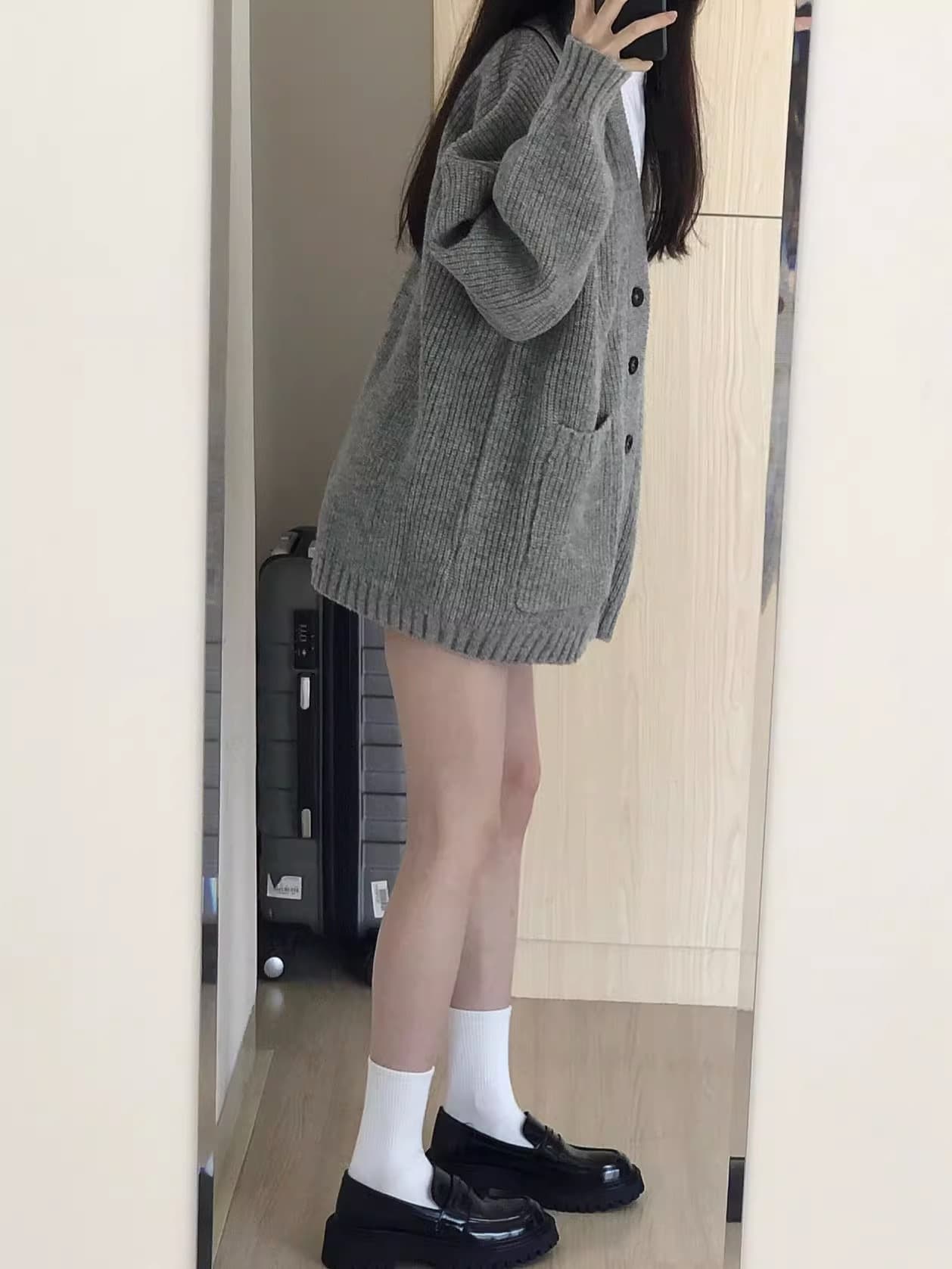 セーラー服 ふんわりリブ編みポケット付きニットカーディガン