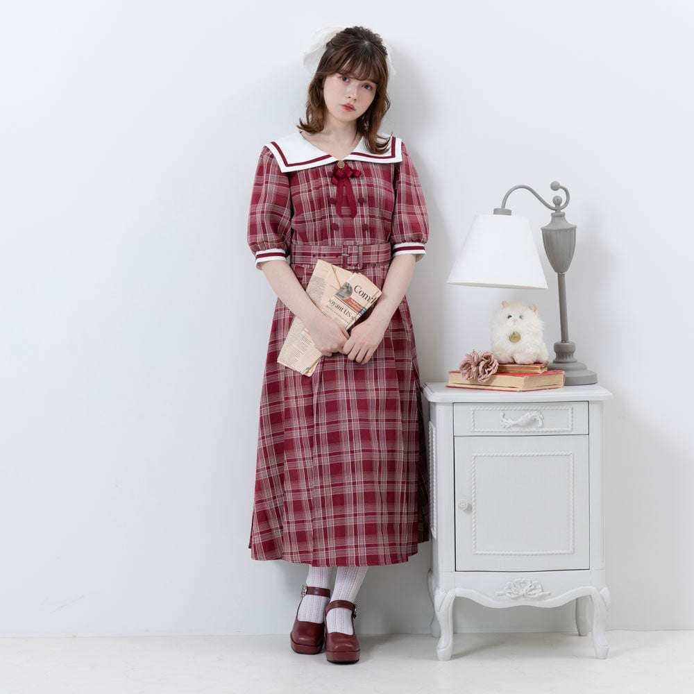セーラー服 レトロ可愛いチェック柄セーラーカラーワンピース