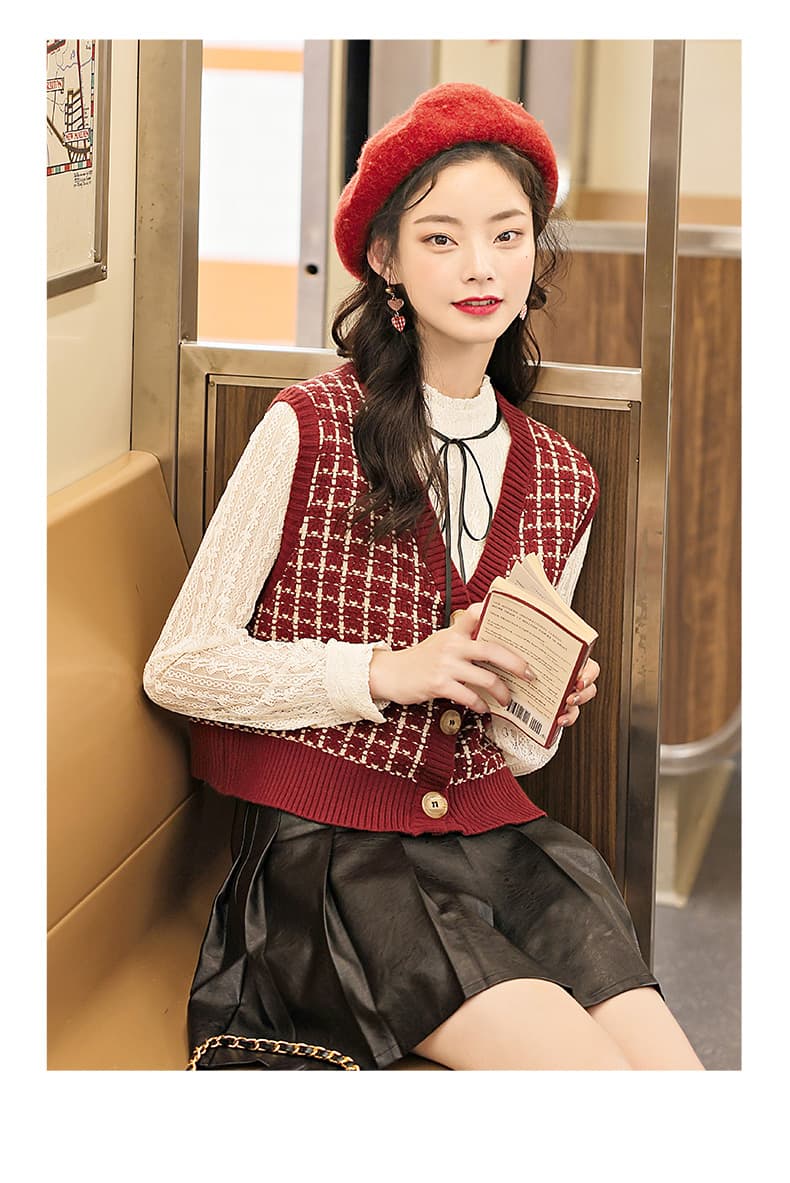 セーラー服 千鳥格子柄ニットベスト付きセーラー風セーター