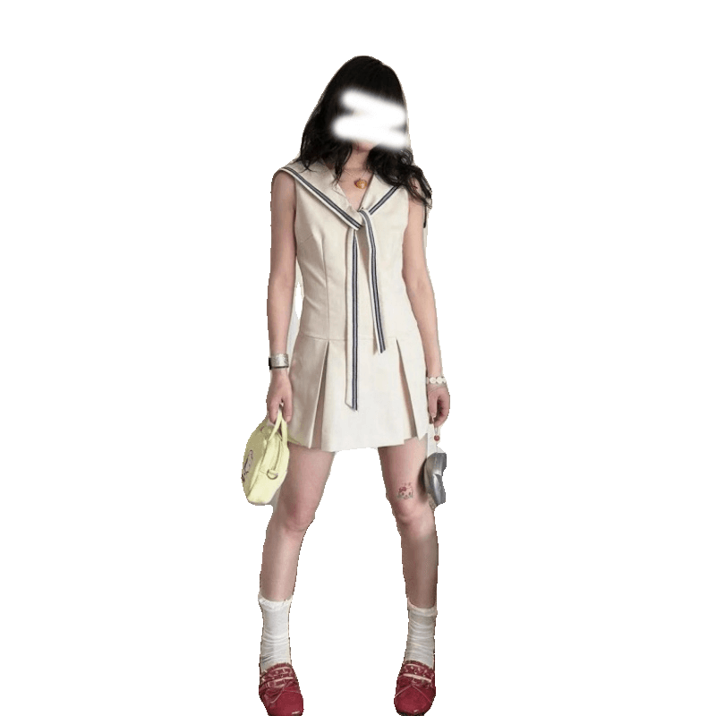 セーラー服 セーラーリボン付きプリーツミニワンピース