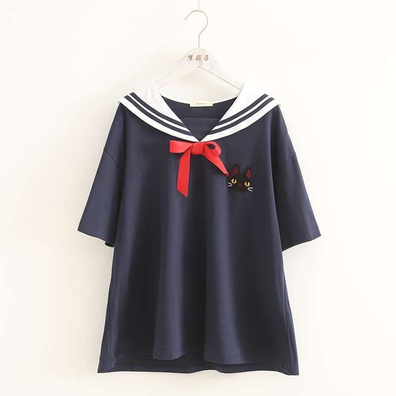 セーラー服 猫刺繍セーラー風カジュアルTシャツ