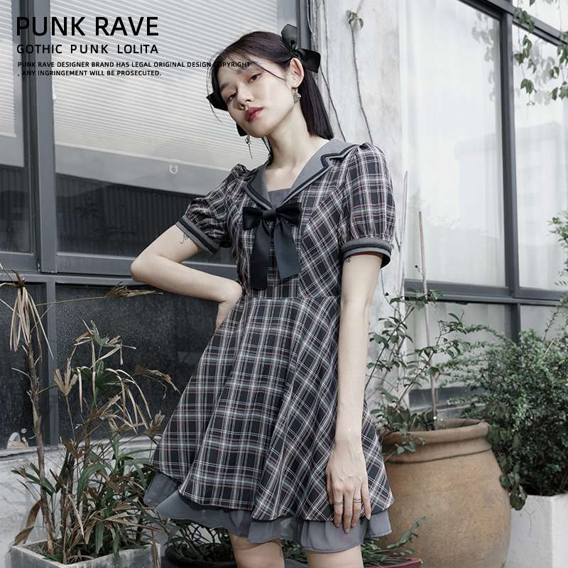 セーラー服 ゴシックパンク風チェック柄セーラーワンピース