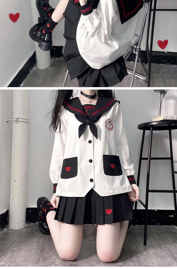 セーラー服 ハートモチーフ付き 長袖上下セット