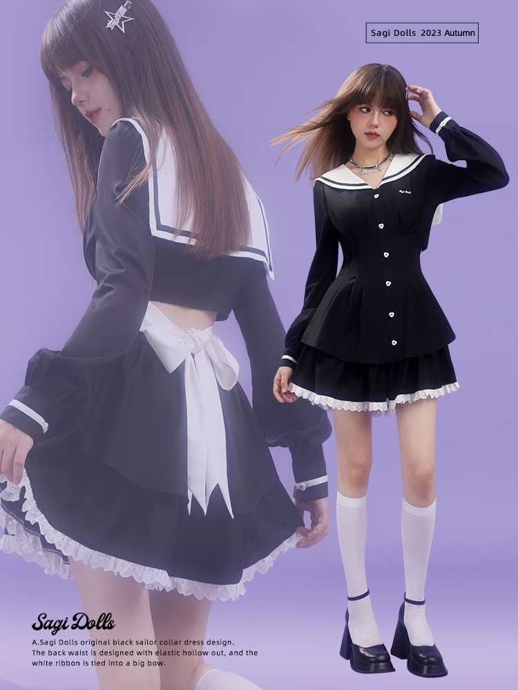 セーラー服 甘めセーラーカラー リボン付きフレアワンピース