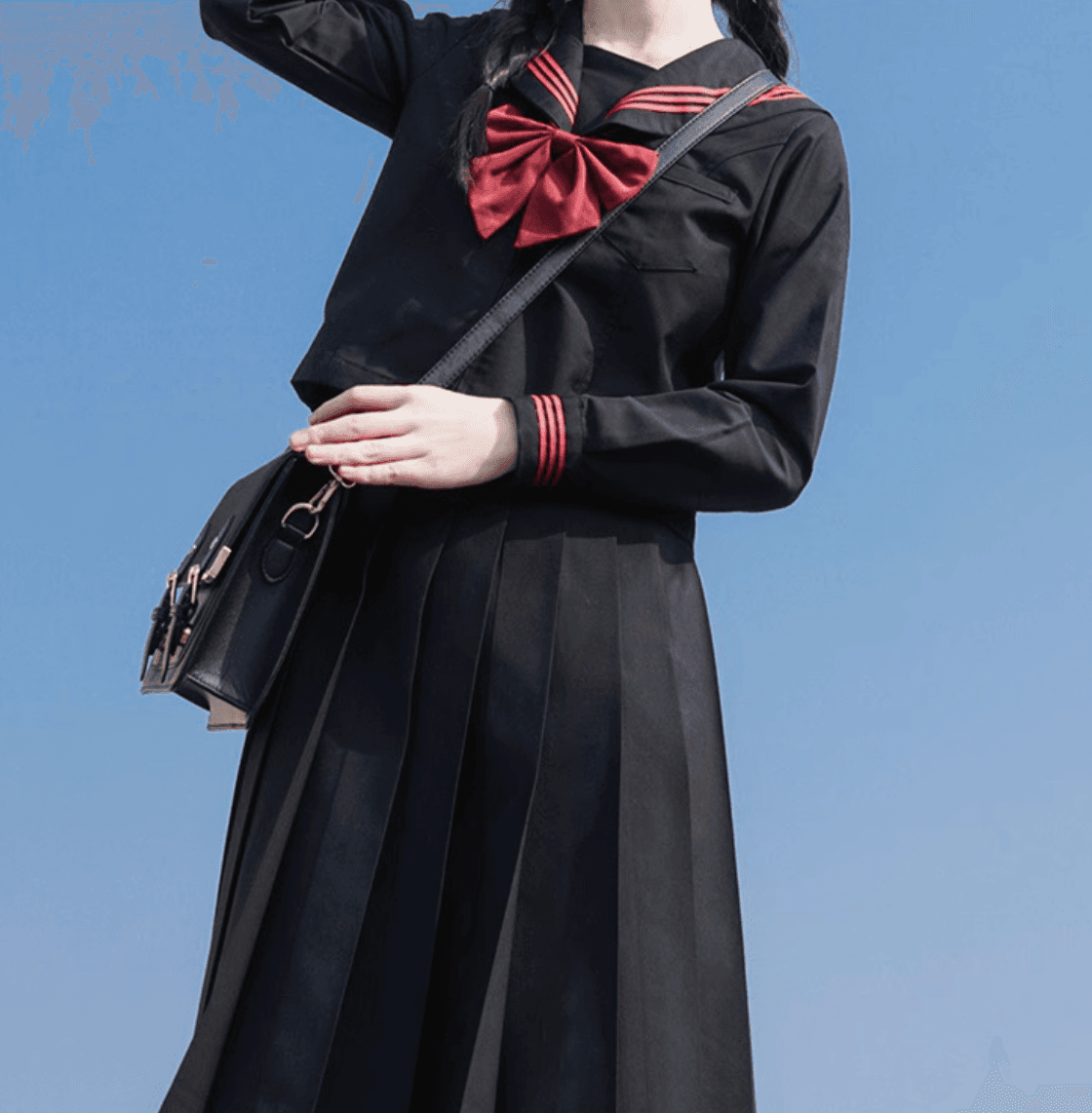 セーラー服 クラシック黒 赤リボン付き制服セット