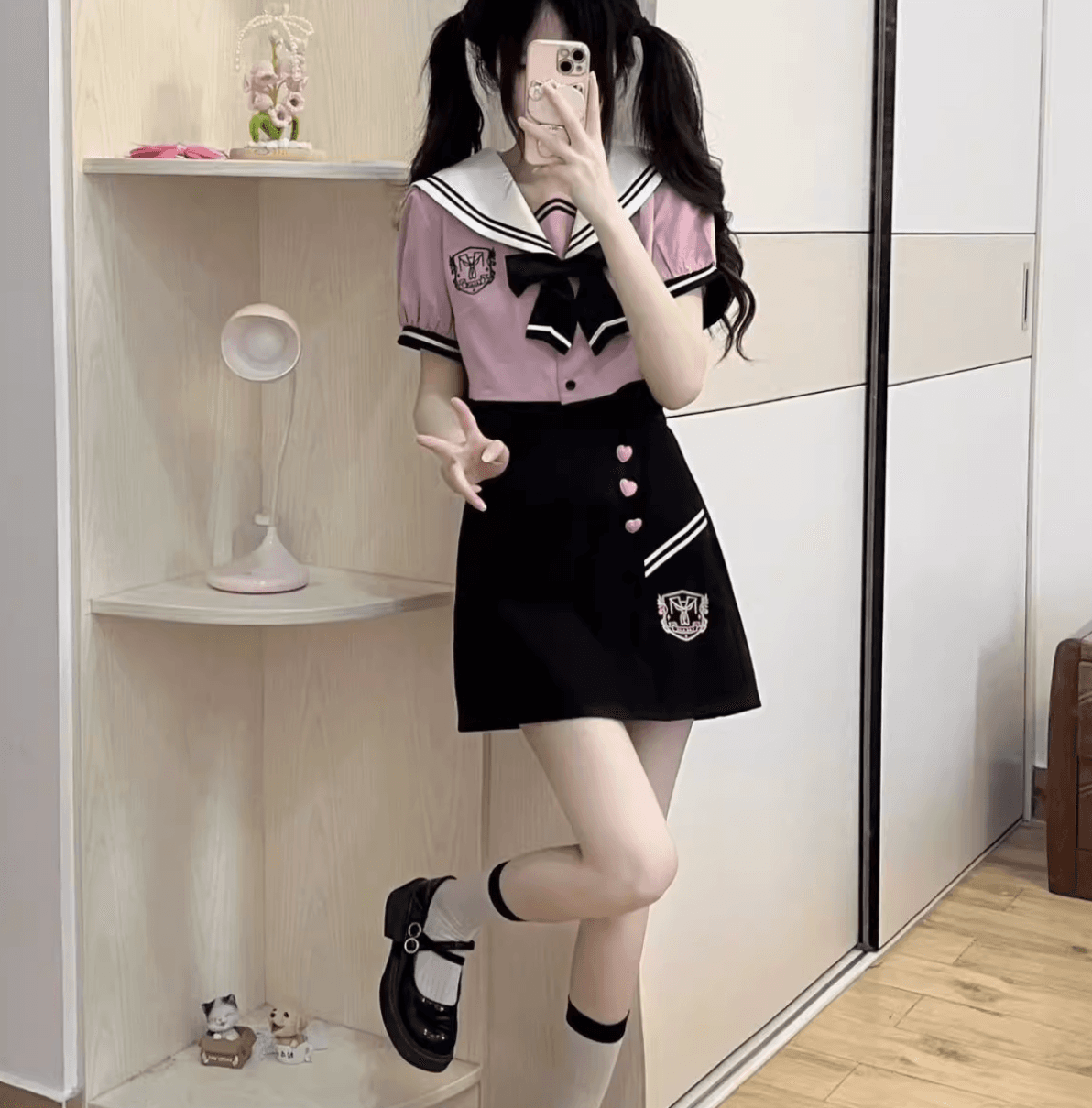 セーラー服 ピンク×黒 ハートアクセント セット