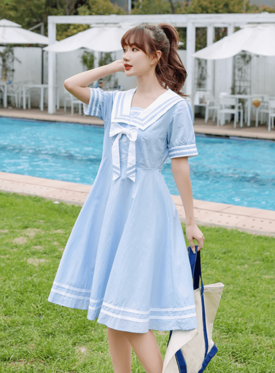 セーラー服 レトロ可愛い紺色セーラーカラーワンピース