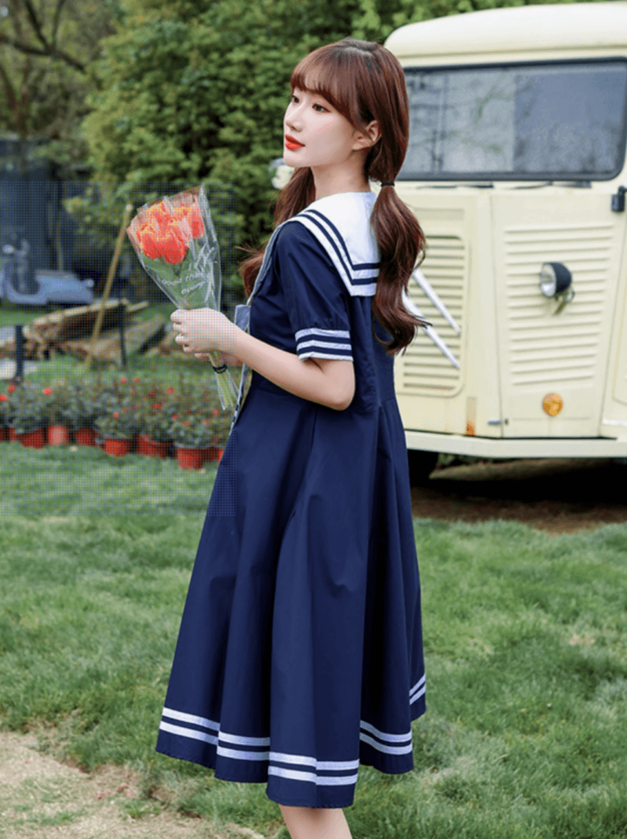 セーラー服 レトロ可愛い紺色セーラーカラーワンピース