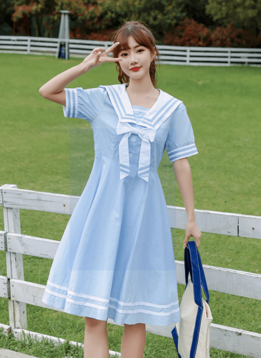 セーラー服 レトロ可愛い紺色セーラーカラーワンピース