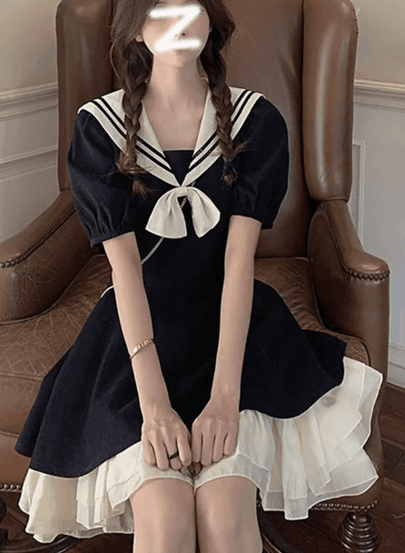 セーラー服 レトロ風セーラーカラー リボンワンピース