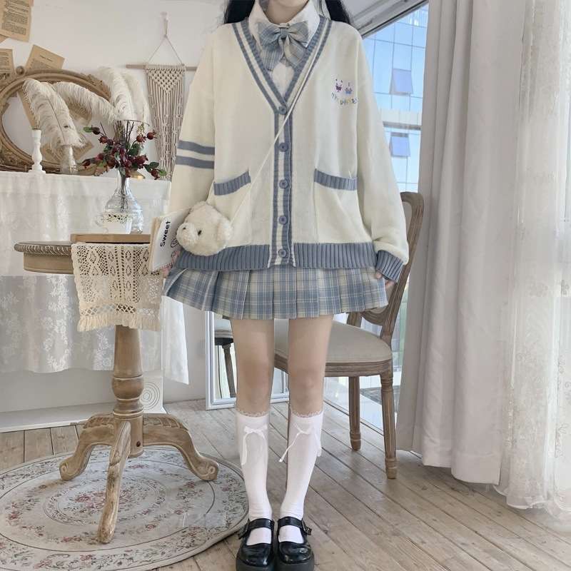 セーラー服 学園風リボン付きカーディガン&プリーツスカートセット