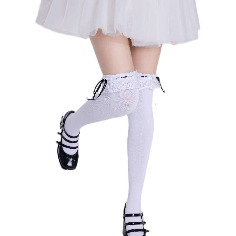 セーラー服 レース飾りリボン付きオーバーニーソックス