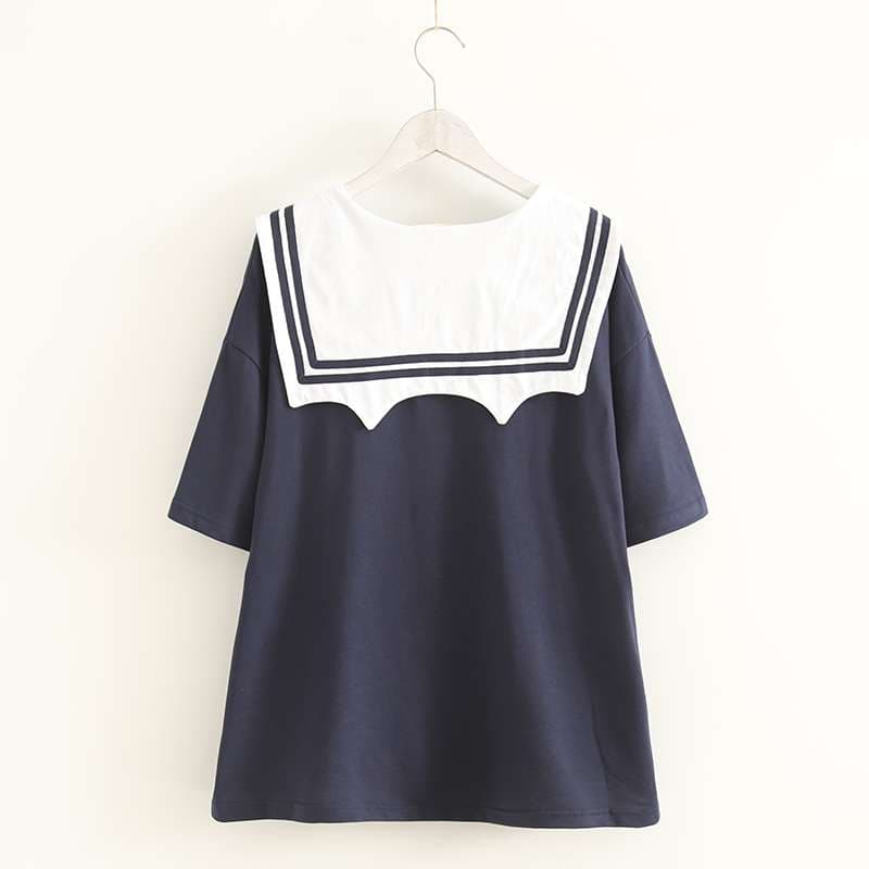 セーラー服 猫刺繍セーラー風カジュアルTシャツ