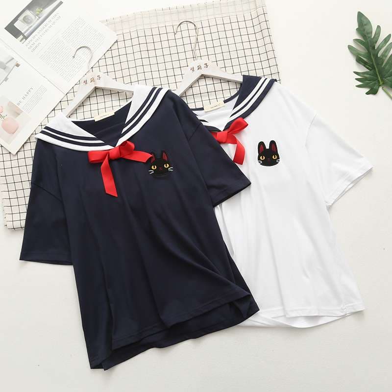 セーラー服 猫刺繍セーラー風カジュアルTシャツ