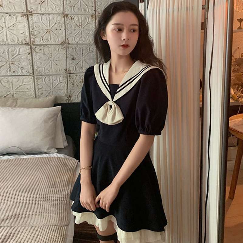 セーラー服 レトロ風セーラーカラー リボンワンピース