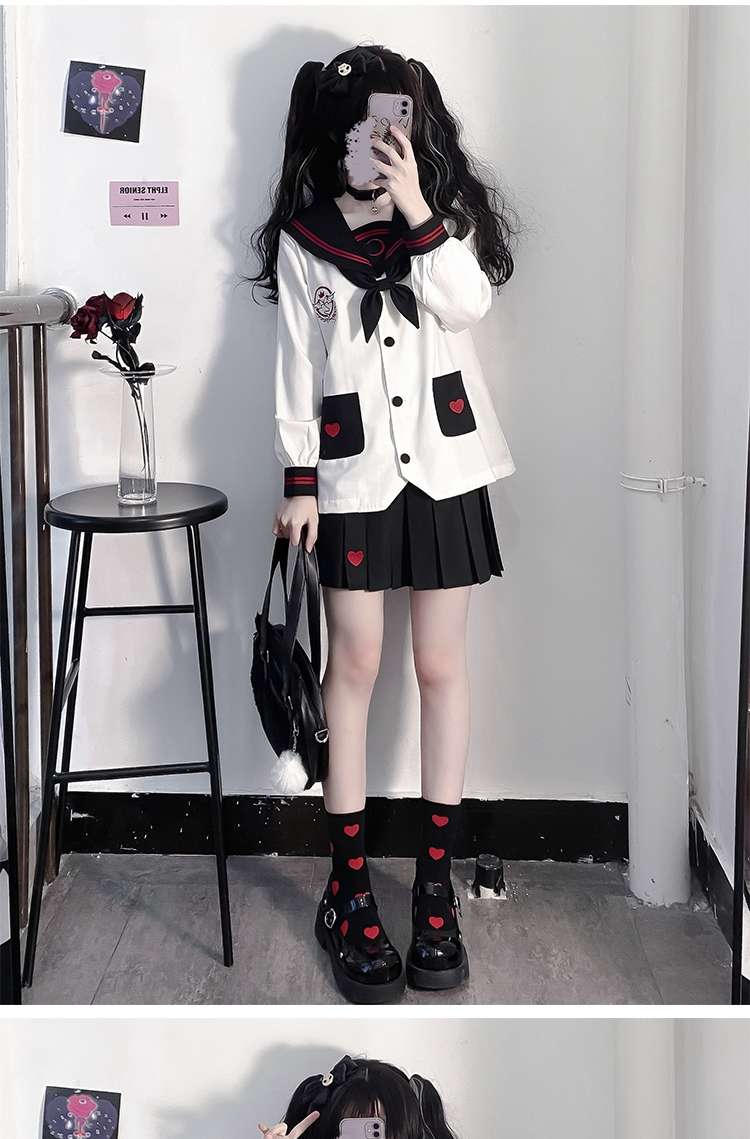 セーラー服 ハートモチーフ付き 長袖上下セット