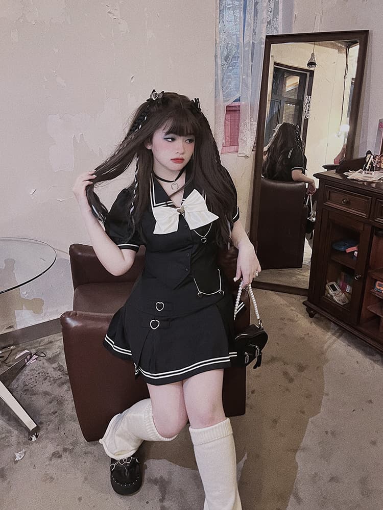 セーラー服 学園風リボン付き半袖セーラー制服セット