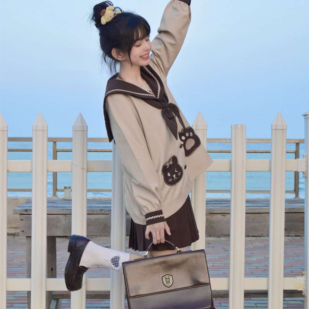 セーラー服 猫モチーフ 可愛い 風長袖ワンピース