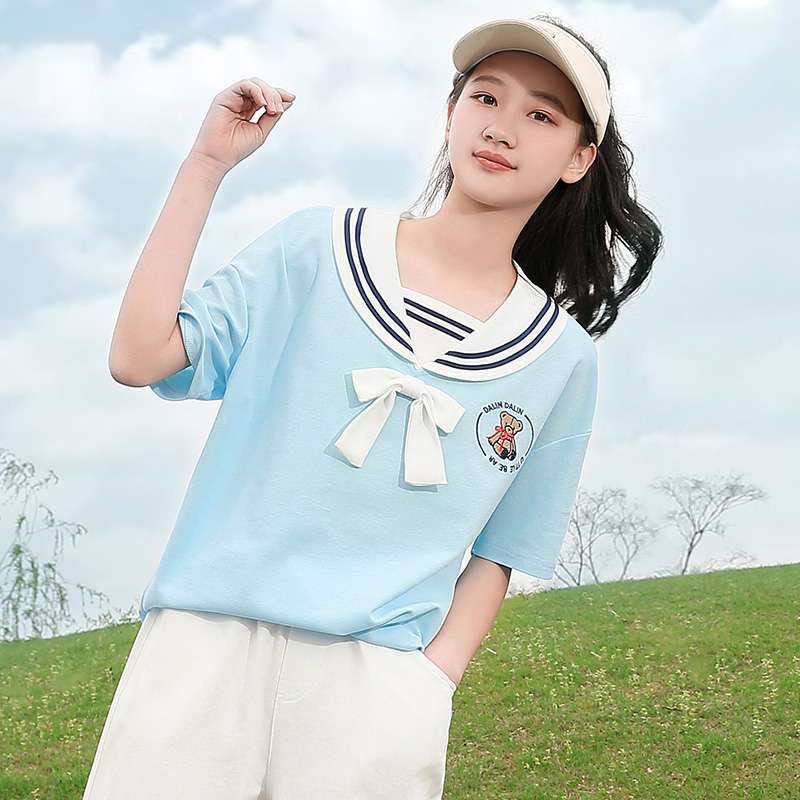 セーラー服 学園風リボン付きセーラーカラーTシャツ