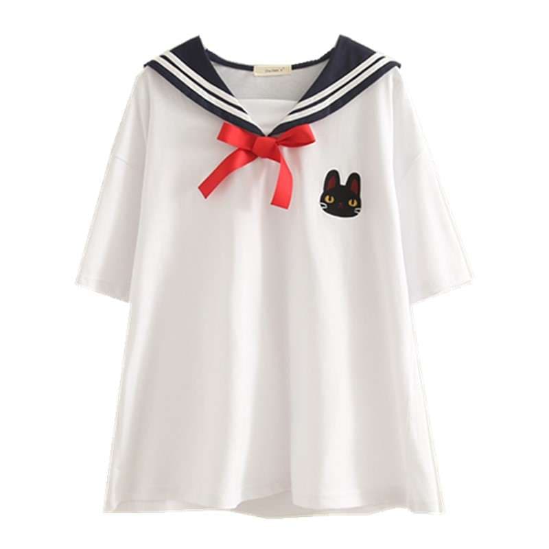 セーラー服 猫刺繍セーラー風カジュアルTシャツ