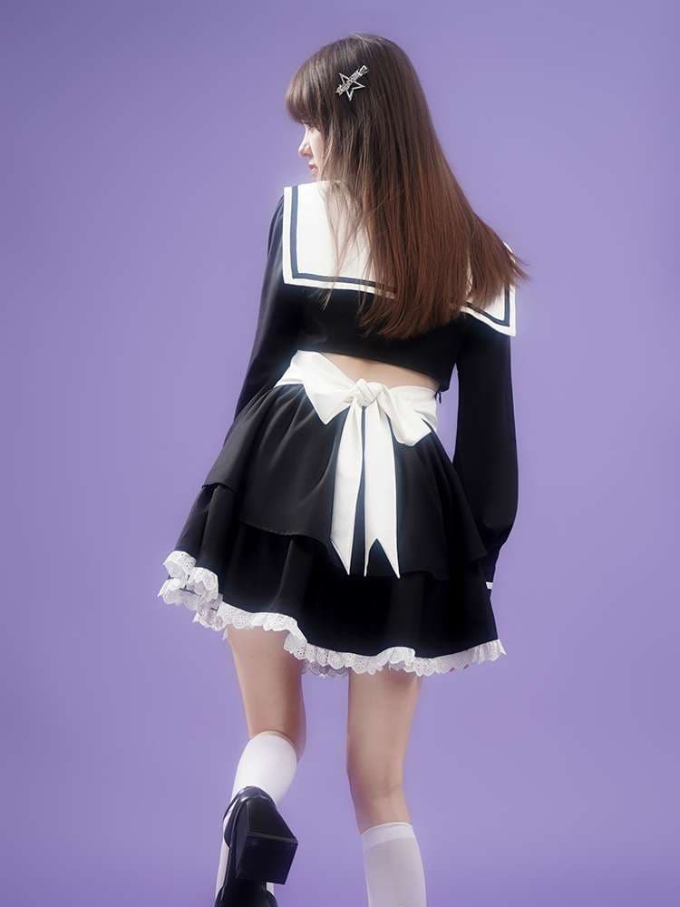 セーラー服 甘めセーラーカラー リボン付きフレアワンピース