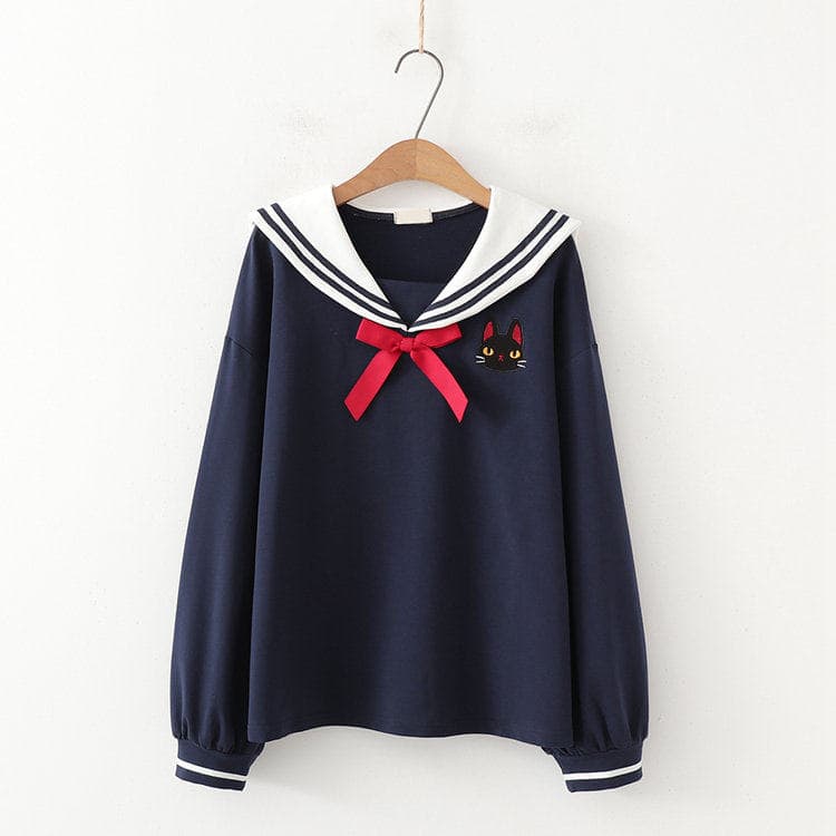 セーラー服 猫刺繍ワンポイント付き長袖セーラーブラウス