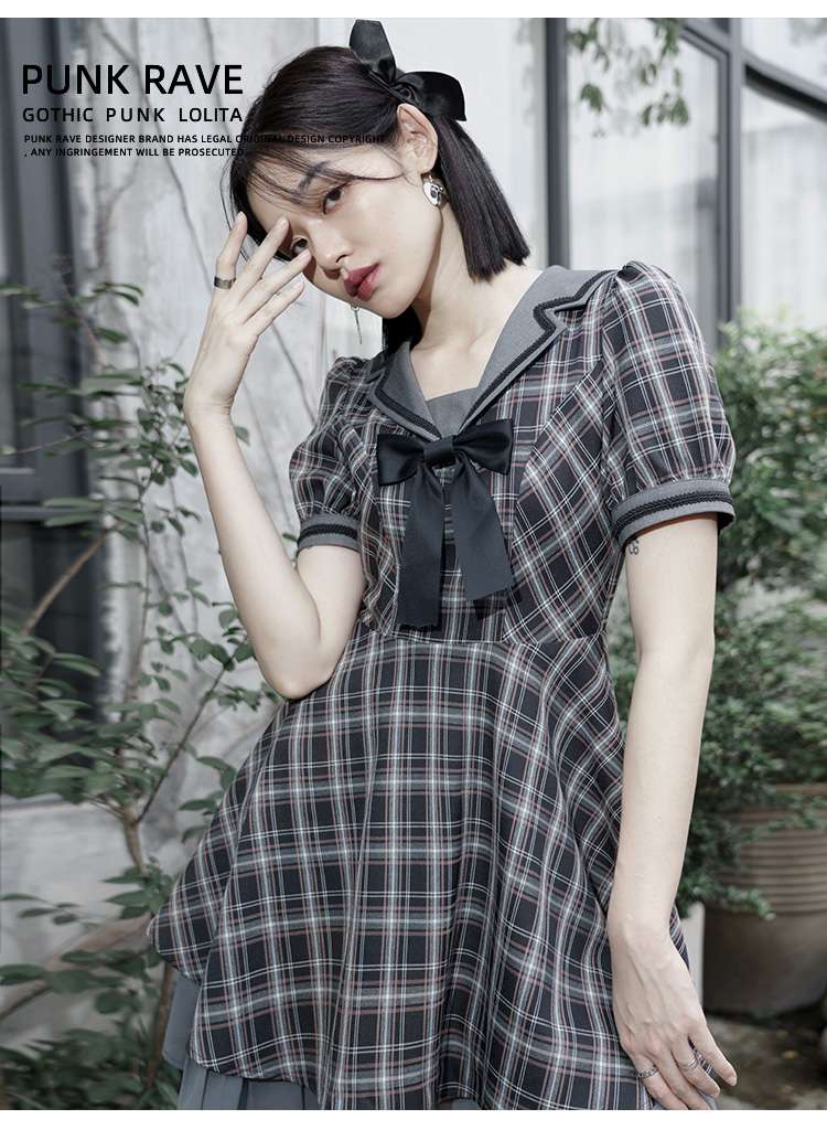 セーラー服 ゴシックパンク風チェック柄セーラーワンピース