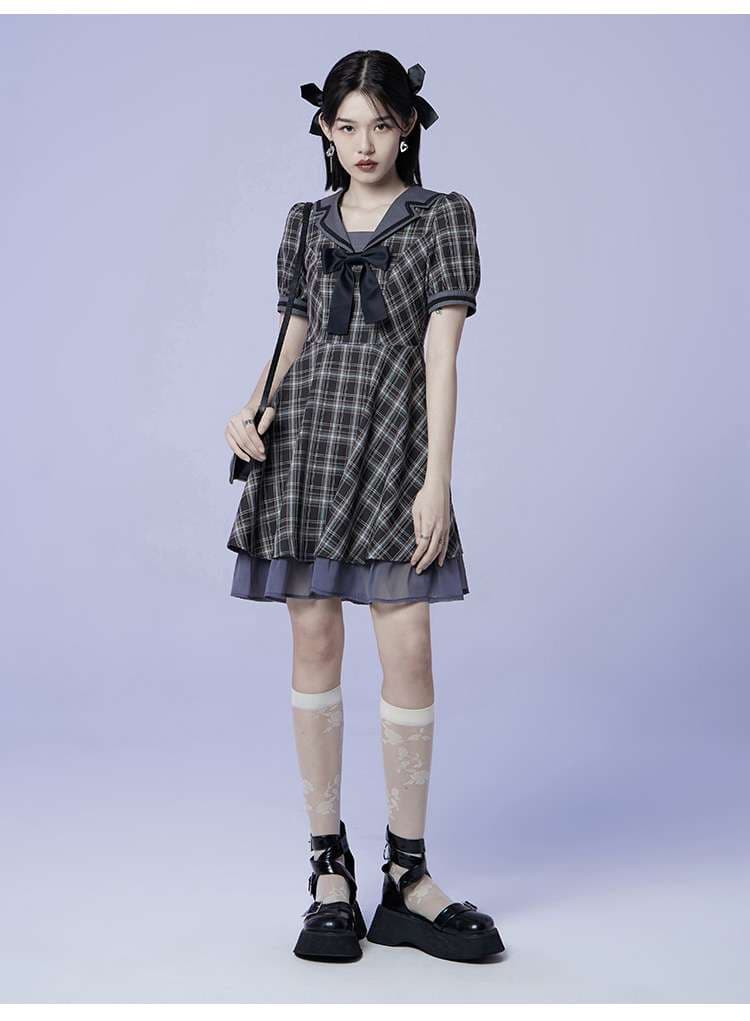 セーラー服 ゴシックパンク風チェック柄セーラーワンピース
