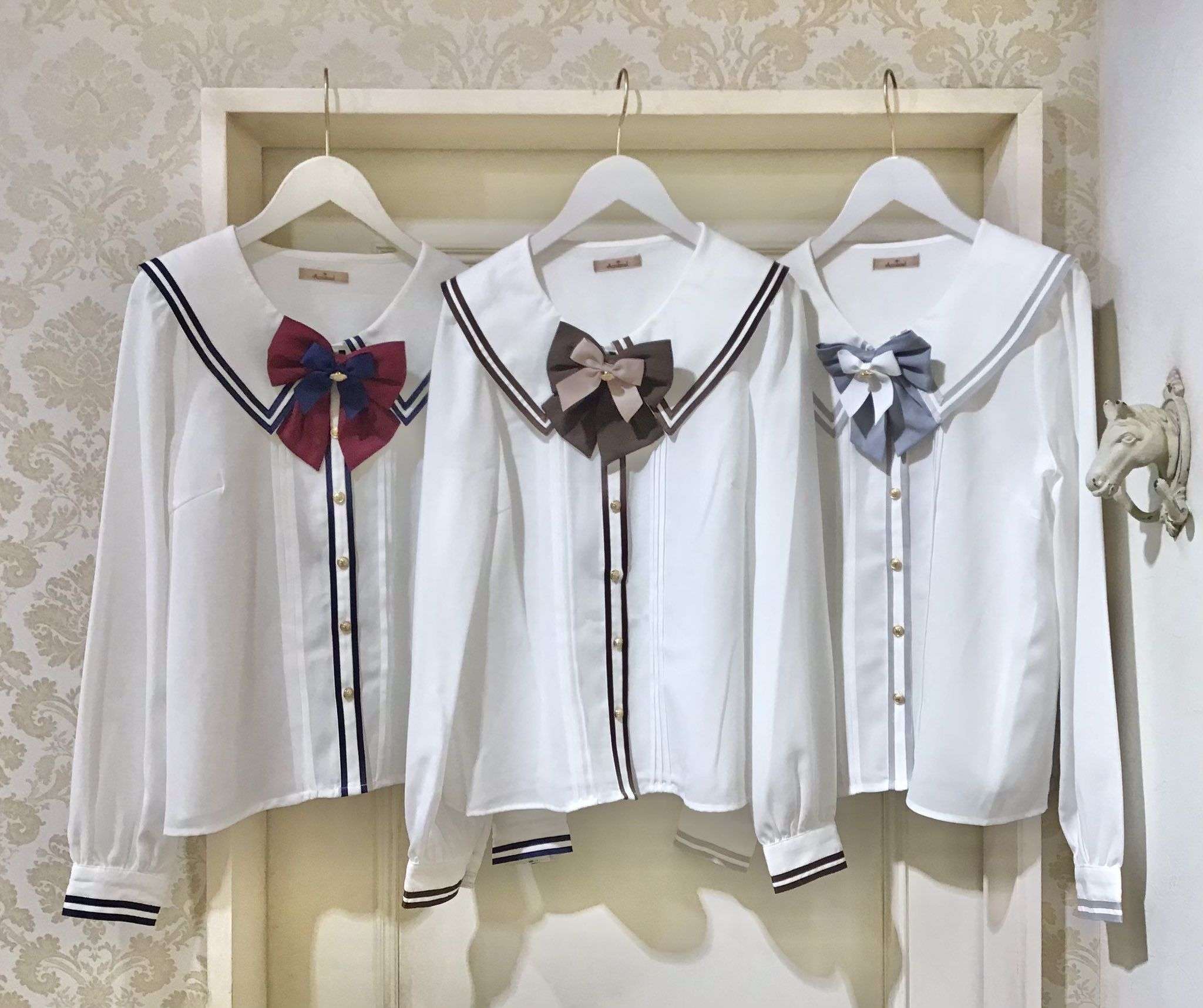 セーラー服 セーラー風リボンブラウス ネイビー&ワインレッド