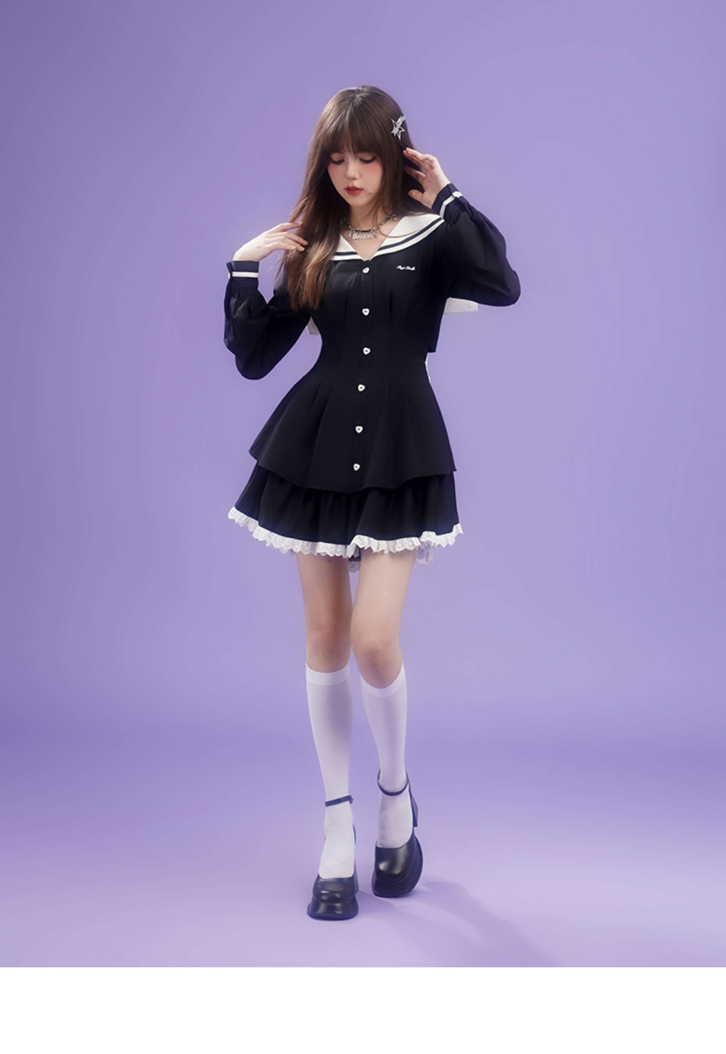 セーラー服 甘めセーラーカラー リボン付きフレアワンピース