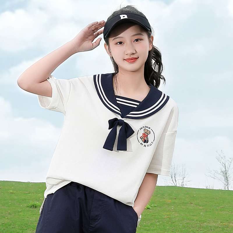 セーラー服 学園風リボン付きセーラーカラーTシャツ